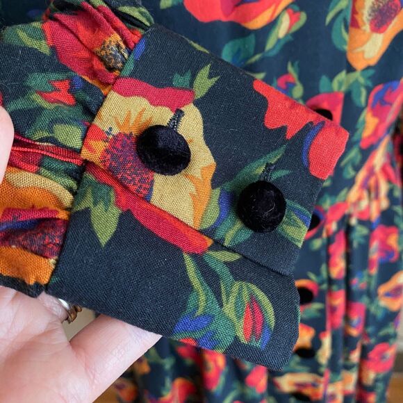 Vintage S.G.Gilbert Size 12 Dark Floral Dress Orange Long Sleeve Velvet Buttons - Picture 5 of 10